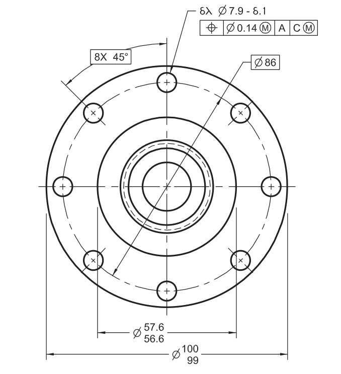 An example engineering drawing showing GD&T callouts